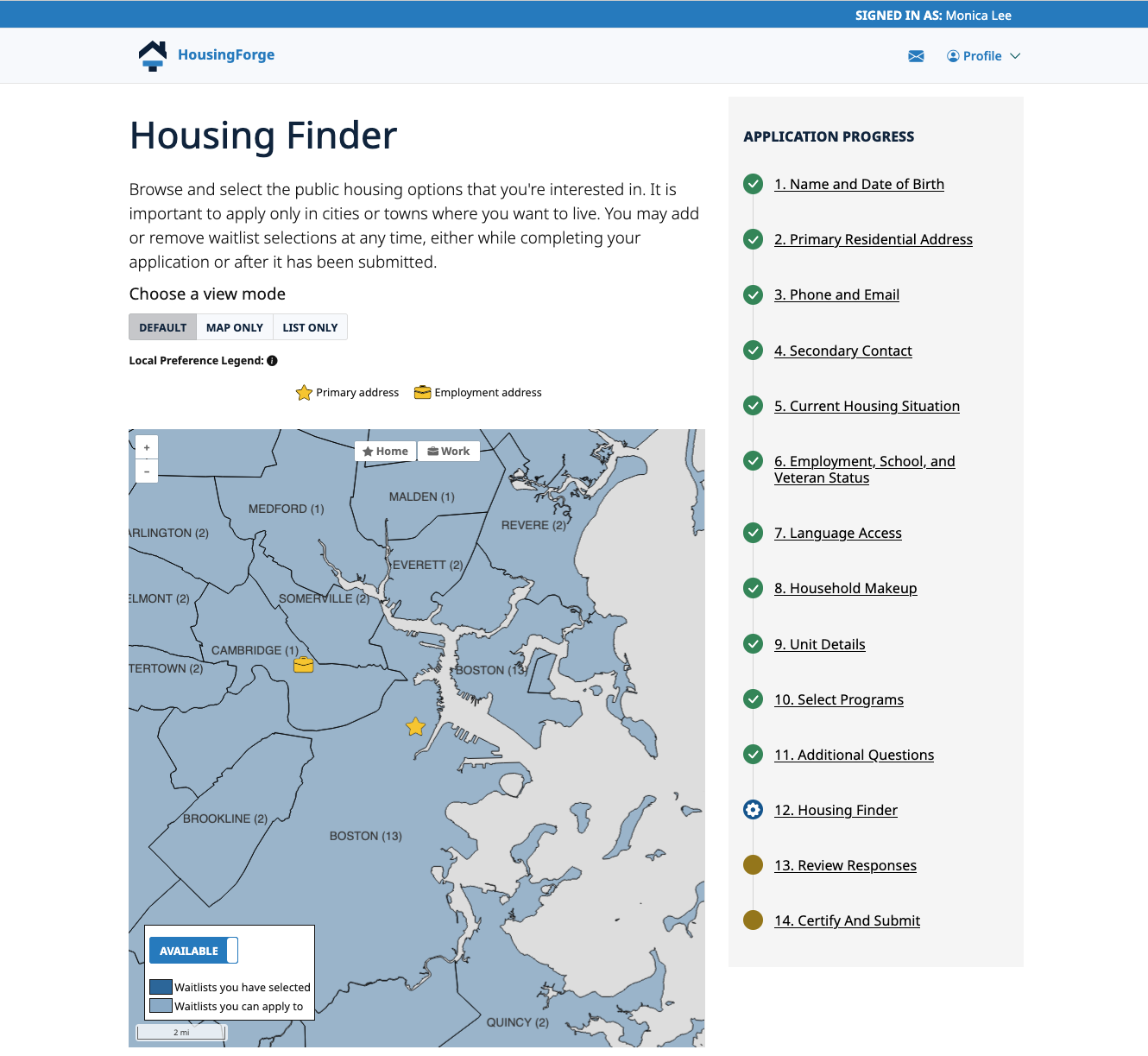 Screenshot: Housing Forge application at the Housing Finder step, with a map of waitlists by town and a 14-step application progress list