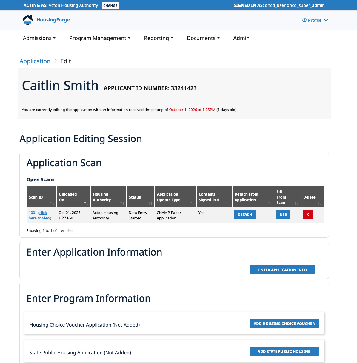 Screenshot: Housing Forge application editing session with an uploaded paper application scan, a fill-from-scan action, and program sections for staff entry