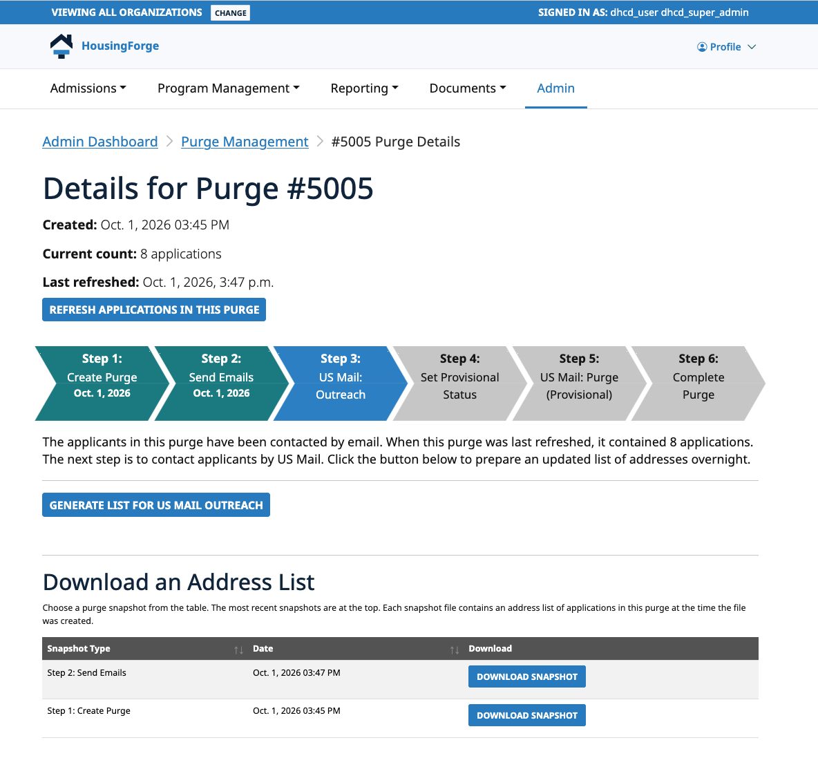 Screenshot: Housing Forge purge details page showing a six-step purge workflow at Step 3, US Mail outreach, with downloadable address-list snapshots