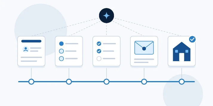 Illustration: an application moving through five stages on a timeline, ending in a house