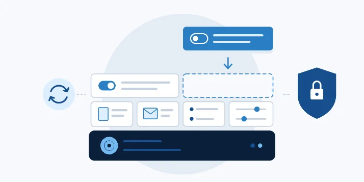 Illustration: configuration toggles and modules slotting into one platform behind a shield